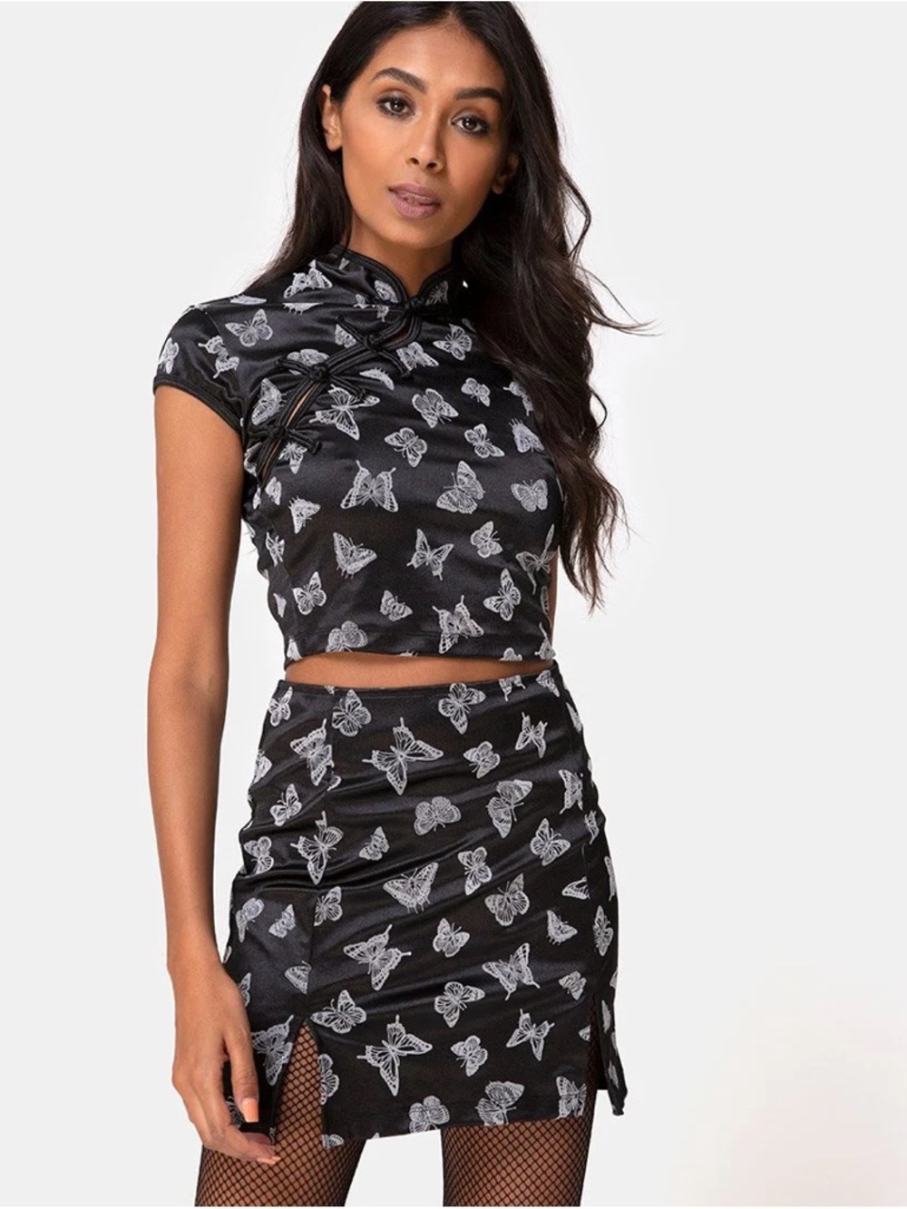 Motel Rocks Black Mini Skirt with White Butterfly Print